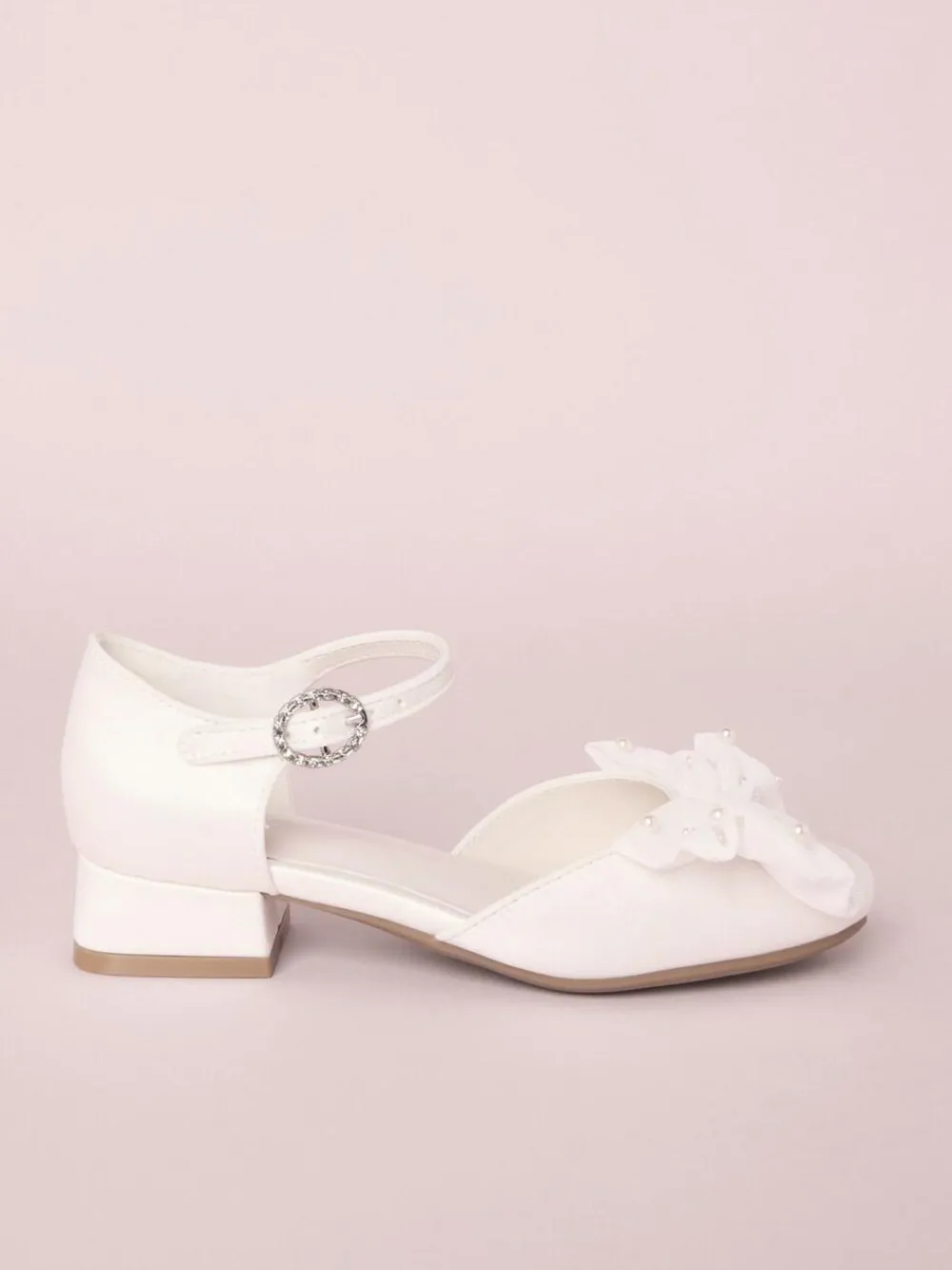 New Lipsy Standard Fit (F) Low Block Heel Pearl Bow Occasion Flower Heeled Sandals White
