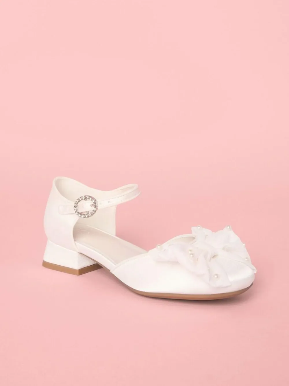 New Lipsy Standard Fit (F) Low Block Heel Pearl Bow Occasion Flower Heeled Sandals White
