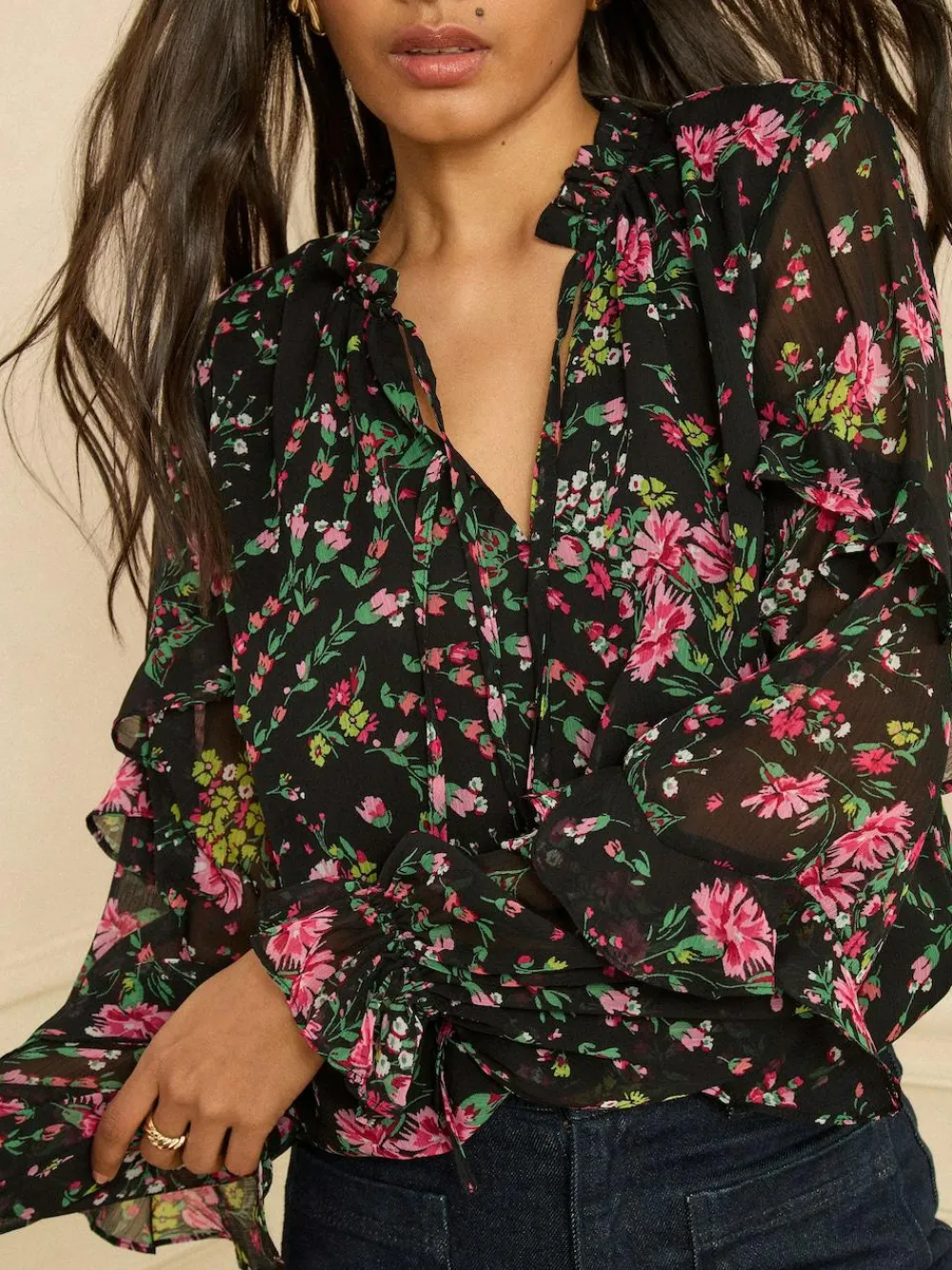 Love & Roses Black Floral Notch Neck Frill Cuff Blouse^Women Blouses & Shirts