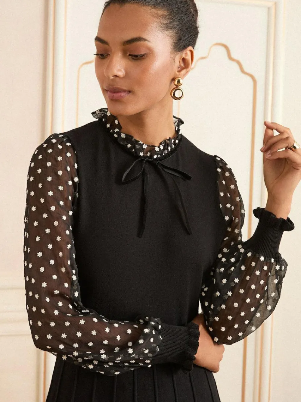 Clearance Love & Roses Black Floral Spot Frill Neck Petite Chiffon Sleeve Knitted Mini Dress