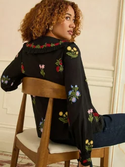 Love & Roses Black Petite Floral Embroidered Collar Blouse