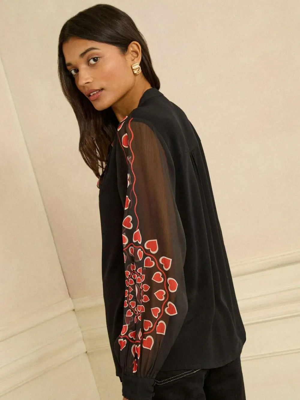 Love & Roses Black Red Heart Long Sleeve Pussybow Blouse^Women Blouses & Shirts