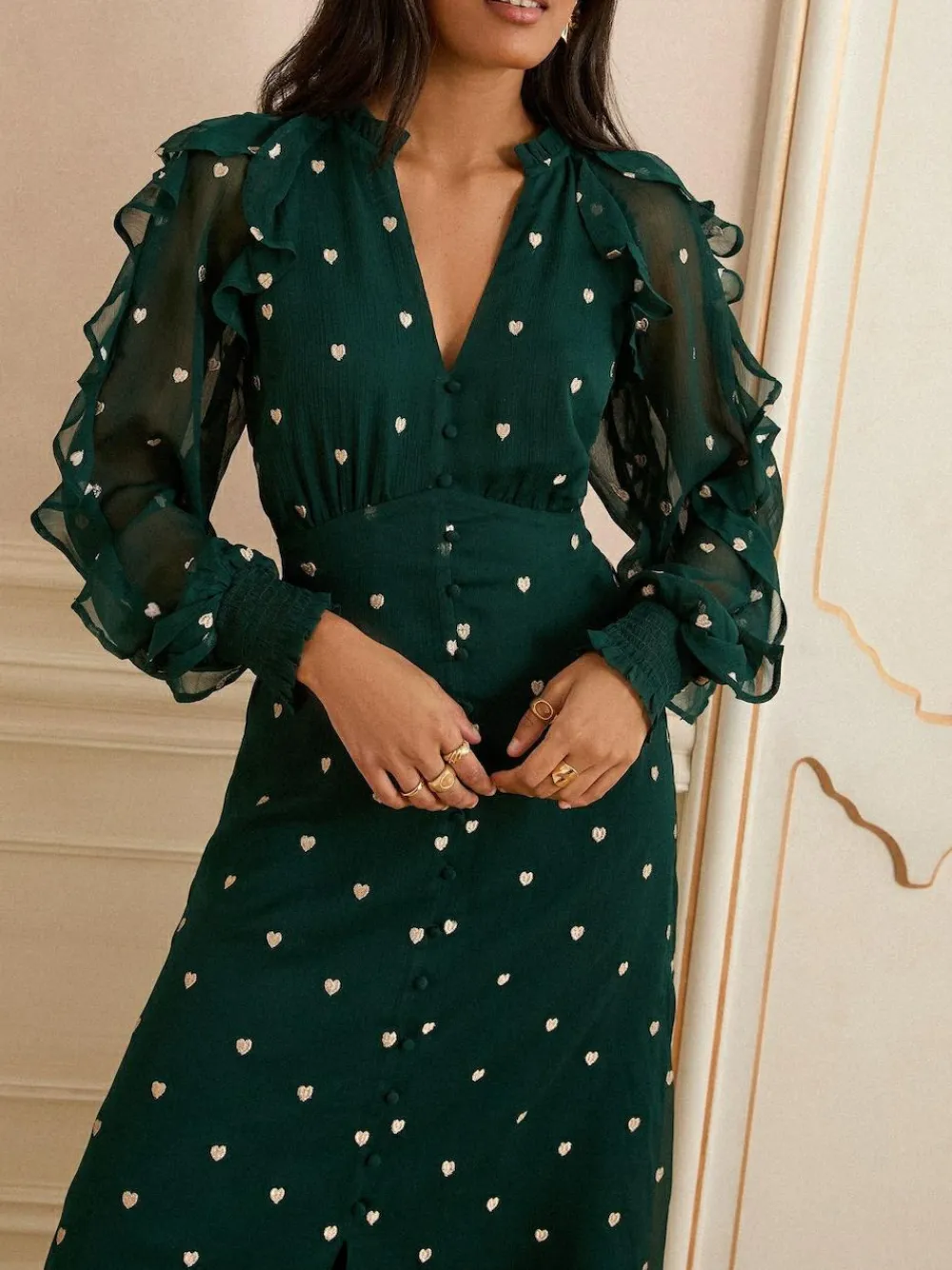 Hot Love & Roses Embroidered Ruffle Midi Dress Green Heart