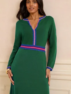 Best Love & Roses Notch Neck Knitted Midi Dress Green