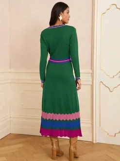 Best Love & Roses Notch Neck Knitted Midi Dress Green