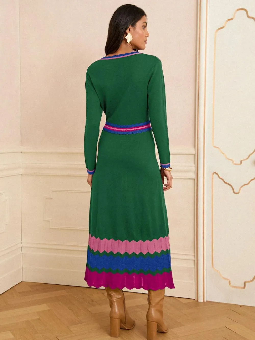 Best Love & Roses Notch Neck Knitted Midi Dress Green
