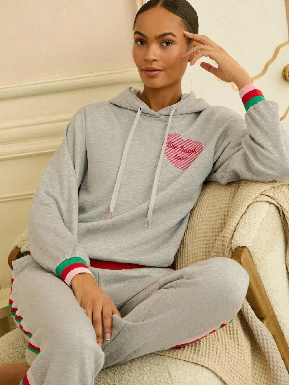 Online Love & Roses Jersey Loungwear Hoodie Grey Rainbow Tipped