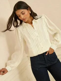 Online Love & Roses Long Sleeve Button Through Lace Trim Shirt Ivory