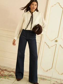 Online Love & Roses Long Sleeve Button Through Lace Trim Shirt Ivory