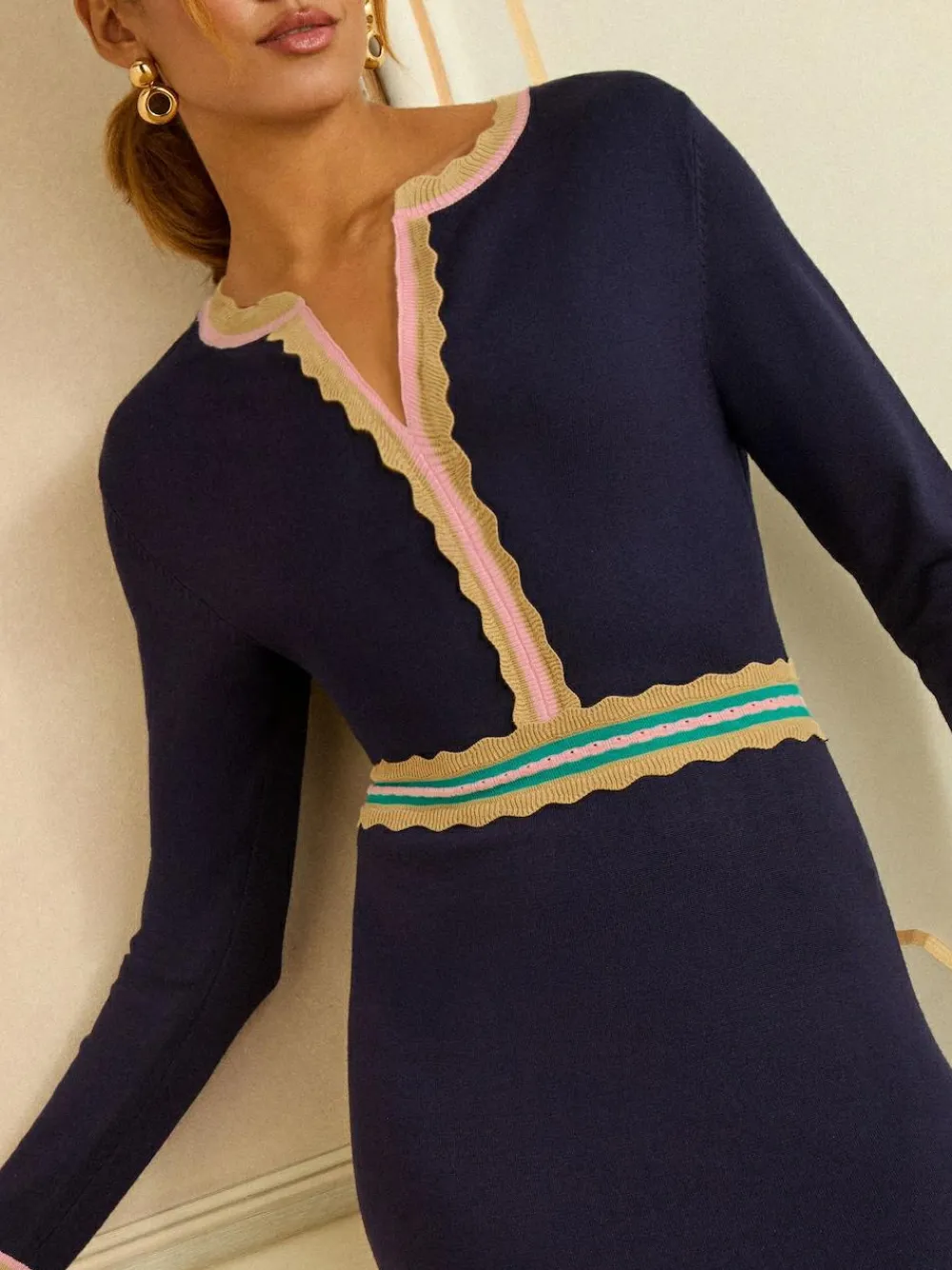 New Love & Roses Notch Neck Knitted Midi Dress Navy
