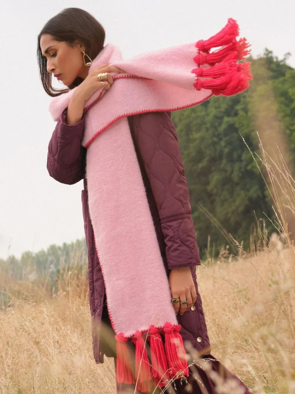 Clearance Love & Roses Tassel Cosy Contrast Brushed Scarf Pink/Red