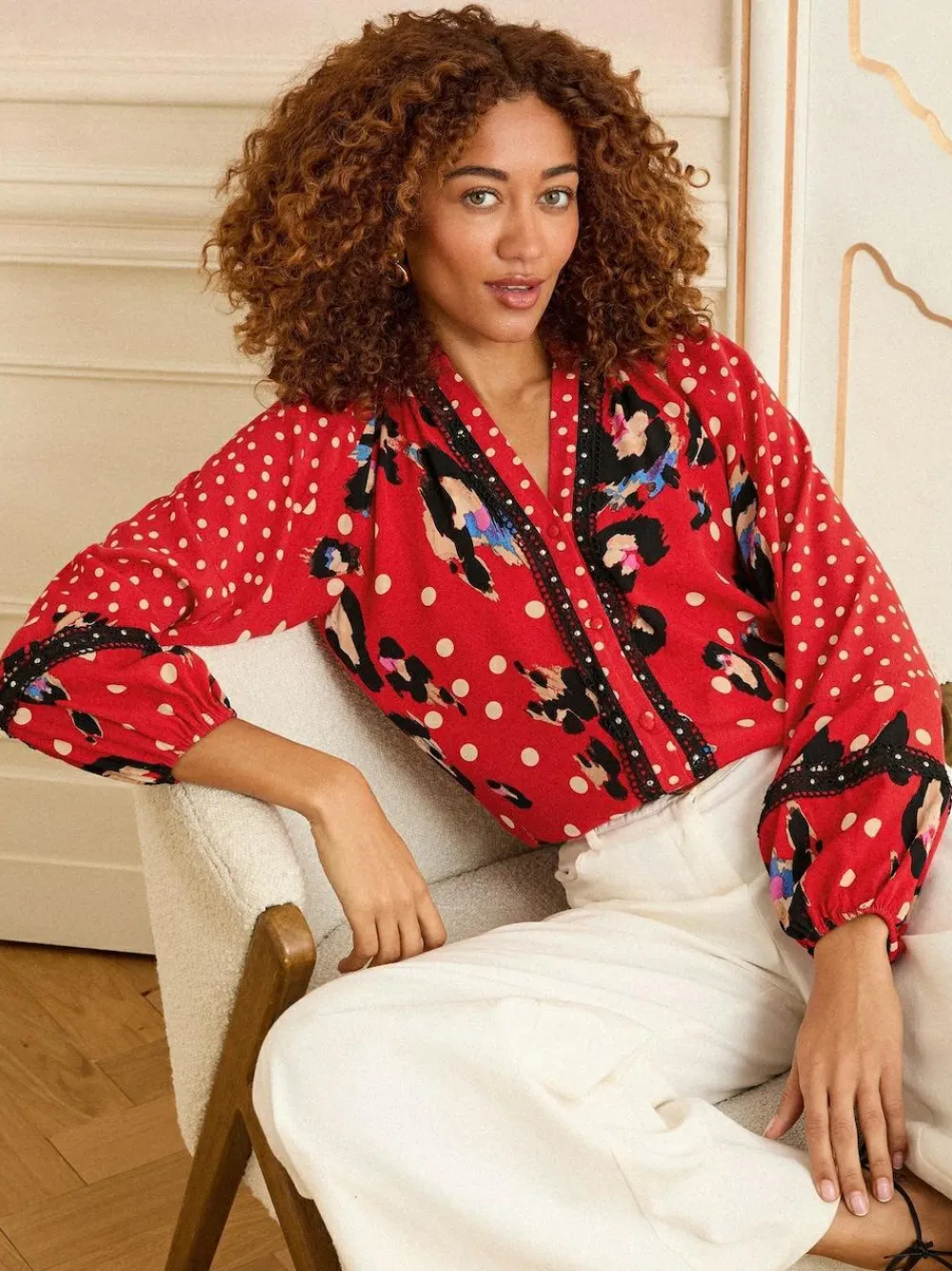 Love & Roses Red Animal Notch Neck Long Sleeve Blouse^Women Blouses & Shirts