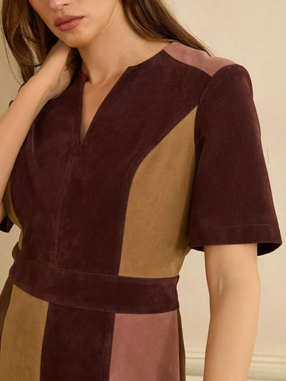 Love & Roses Tan Brown and Pink Faux Suede Mix Mini Dress^Women Dresses