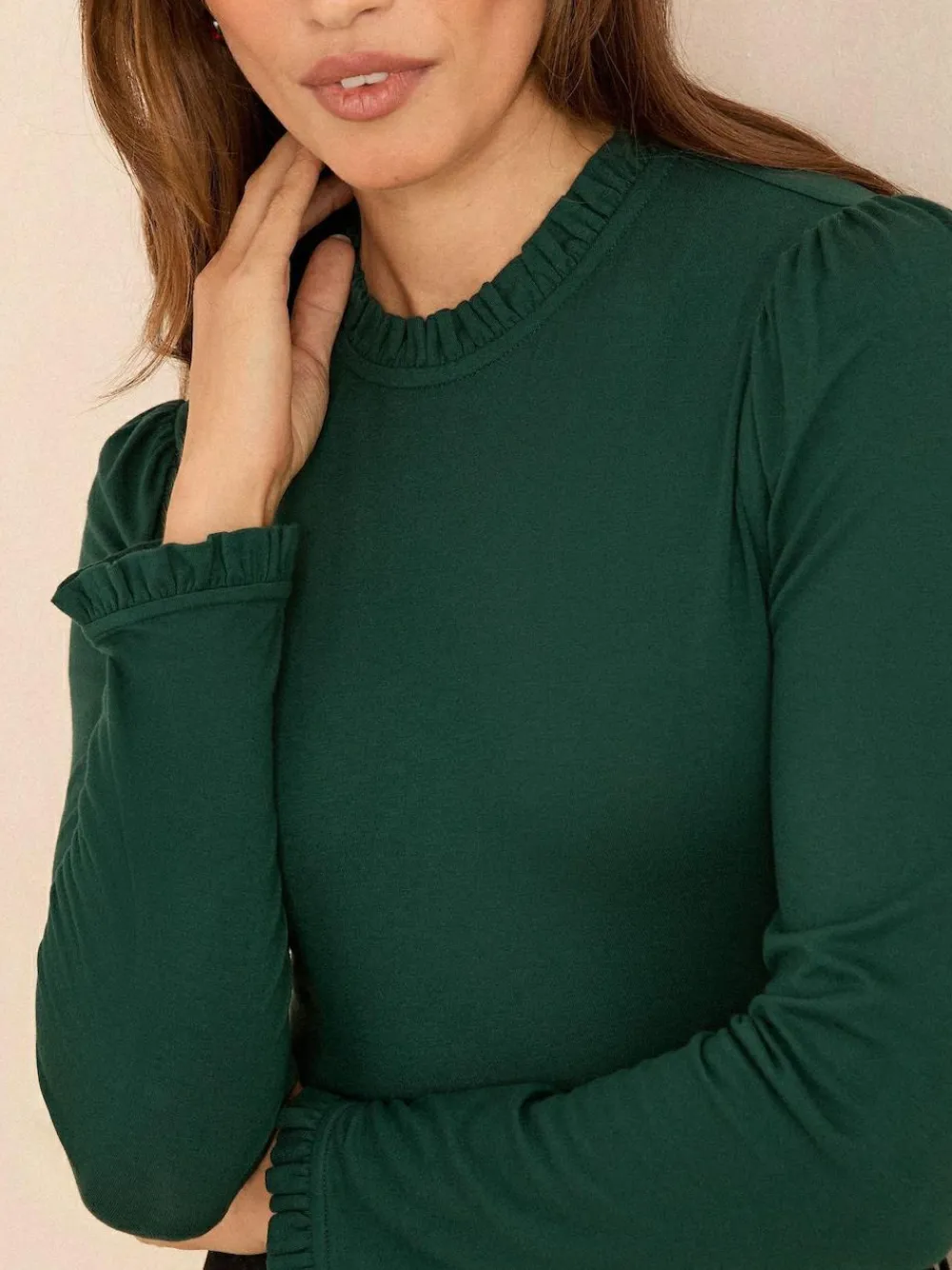 Clearance Love & Roses Teal Blue Frill Neck Long Sleeve Jersey Top