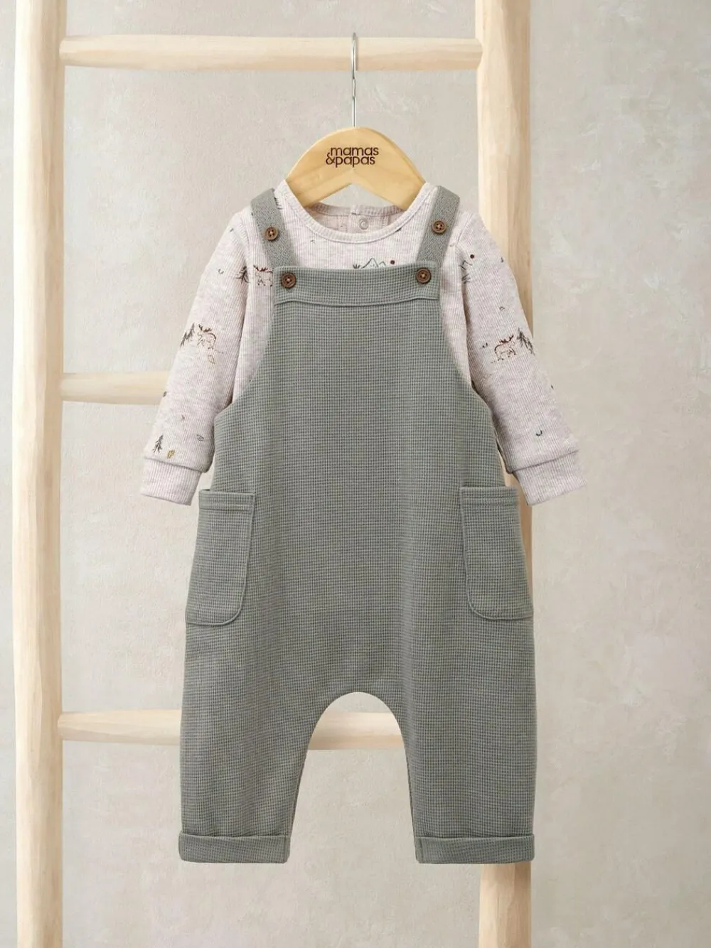 Outlet Mamas & Papas Green Waffle Dungarees and Moose Print Bodysuit Set