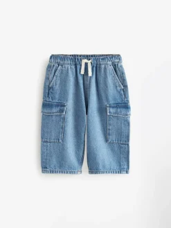 Discount Next Wide Leg Pull On Cargo 100% Cotton Jeans (3mths-7yrs) Mid Blue Denim