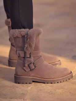 Sale Next Mink Brown Faux Fur Double Buckle Ankle Boots