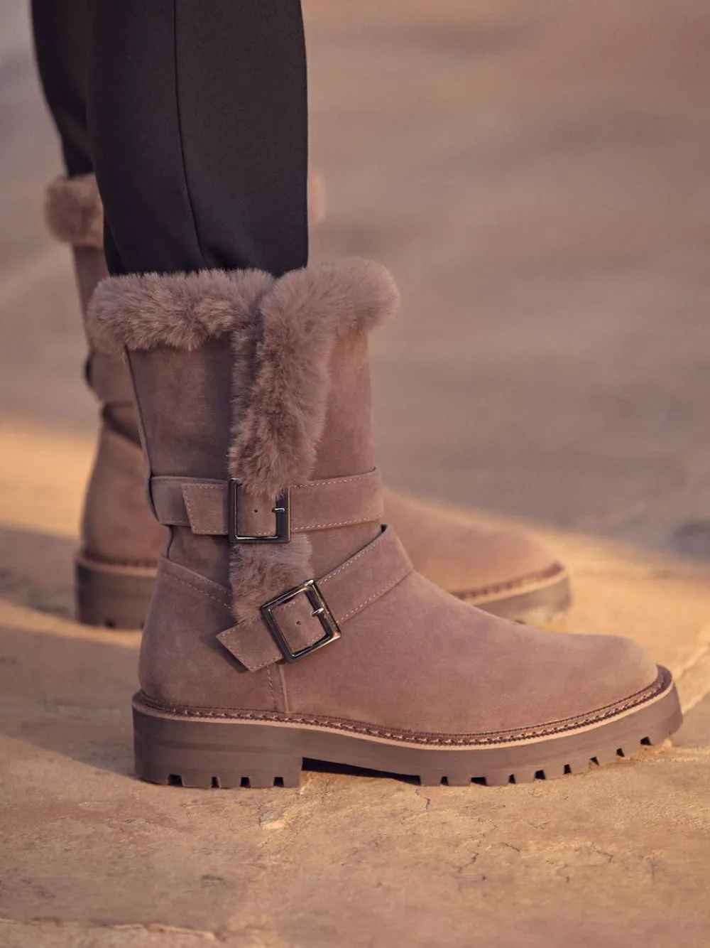 Sale Next Mink Brown Faux Fur Double Buckle Ankle Boots