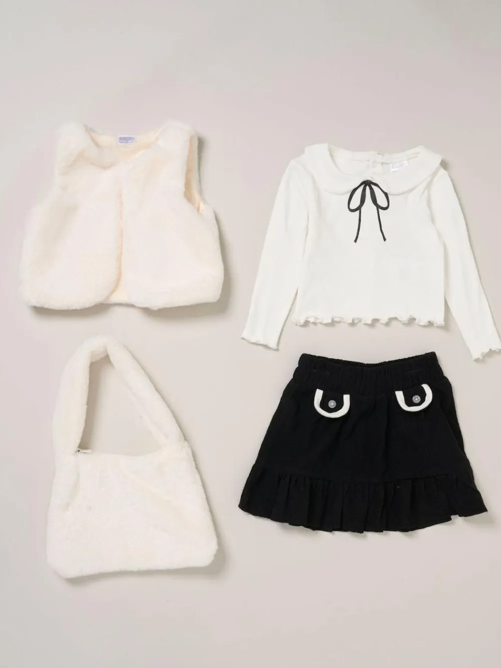 Hot Miss Faux Fur White Gilet Bag Rib Top and Skirt Set