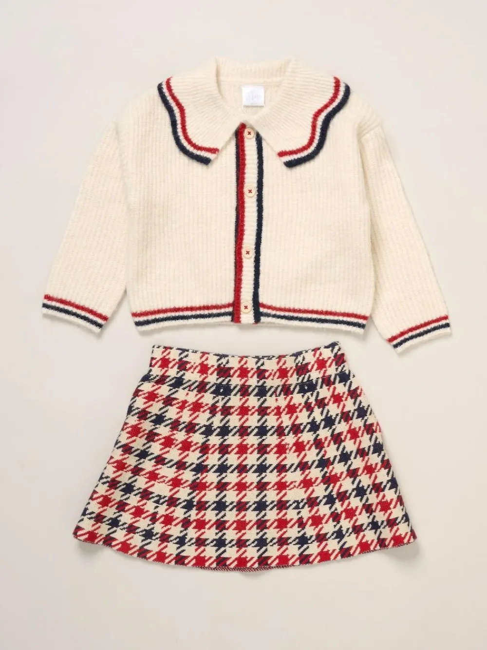 Miss True Knit White Cardigan with Check Skirt^ Shorts & Skirts