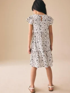 Online Next Angel Sleeve Crinkle Dress (3-16yrs) Monochrome Ditsy