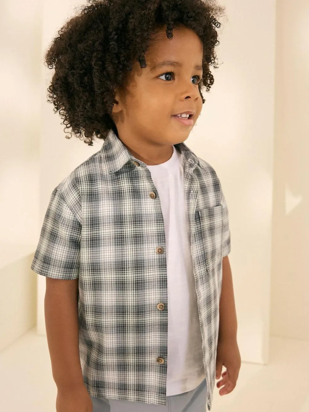 Outlet Next Monochrome Short Sleeves Boxy Fit Check 100% Cotton Shirt (3mths-7yrs)