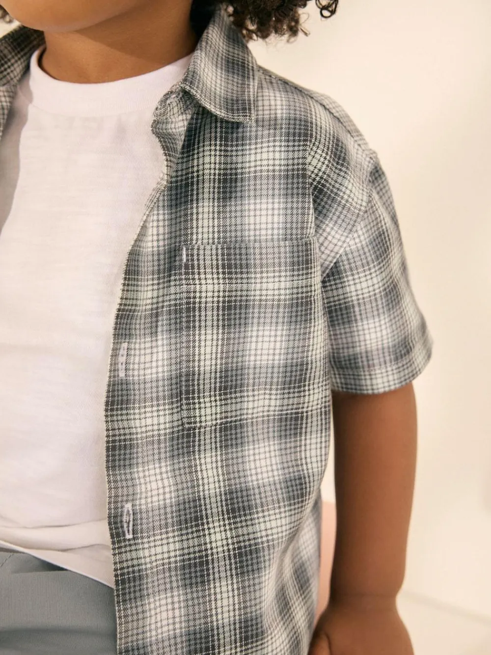 Outlet Next Monochrome Short Sleeves Boxy Fit Check 100% Cotton Shirt (3mths-7yrs)