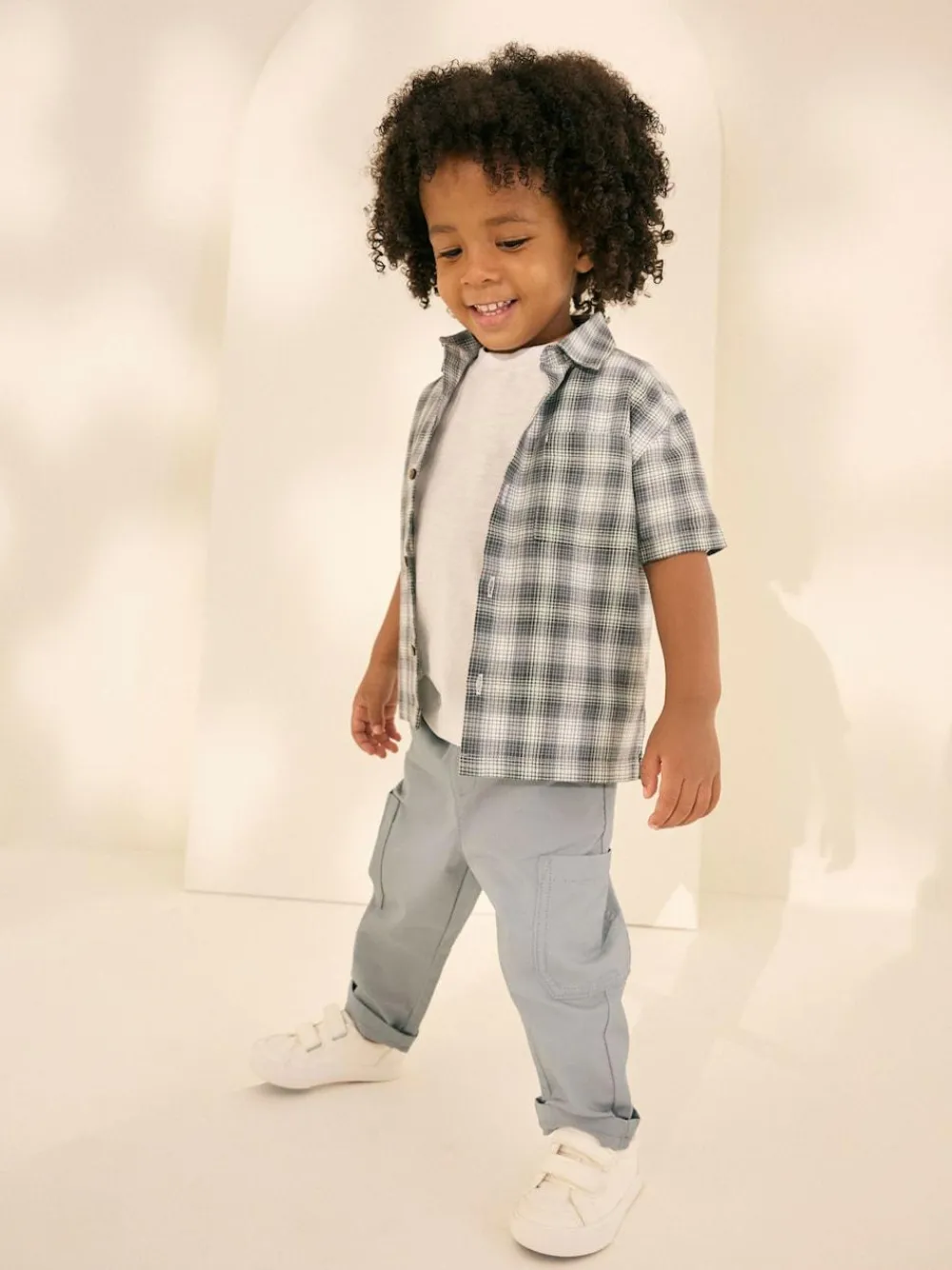 Outlet Next Monochrome Short Sleeves Boxy Fit Check 100% Cotton Shirt (3mths-7yrs)