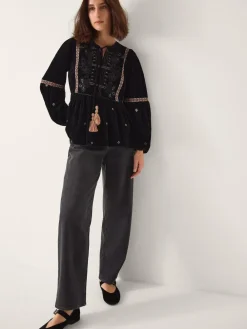 Hot Monsoon Black Noni Embroidered Velvet Long Sleeve Blouse