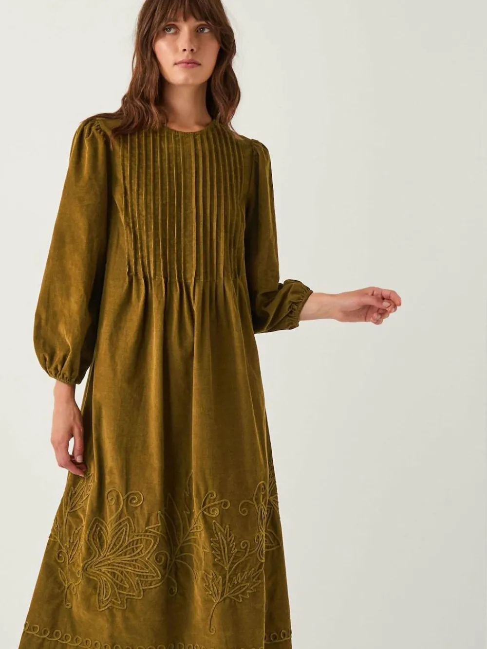 Monsoon Green Joyce Pintuck Embroidered Corduroy Midi Dress^Women Midi Dresses