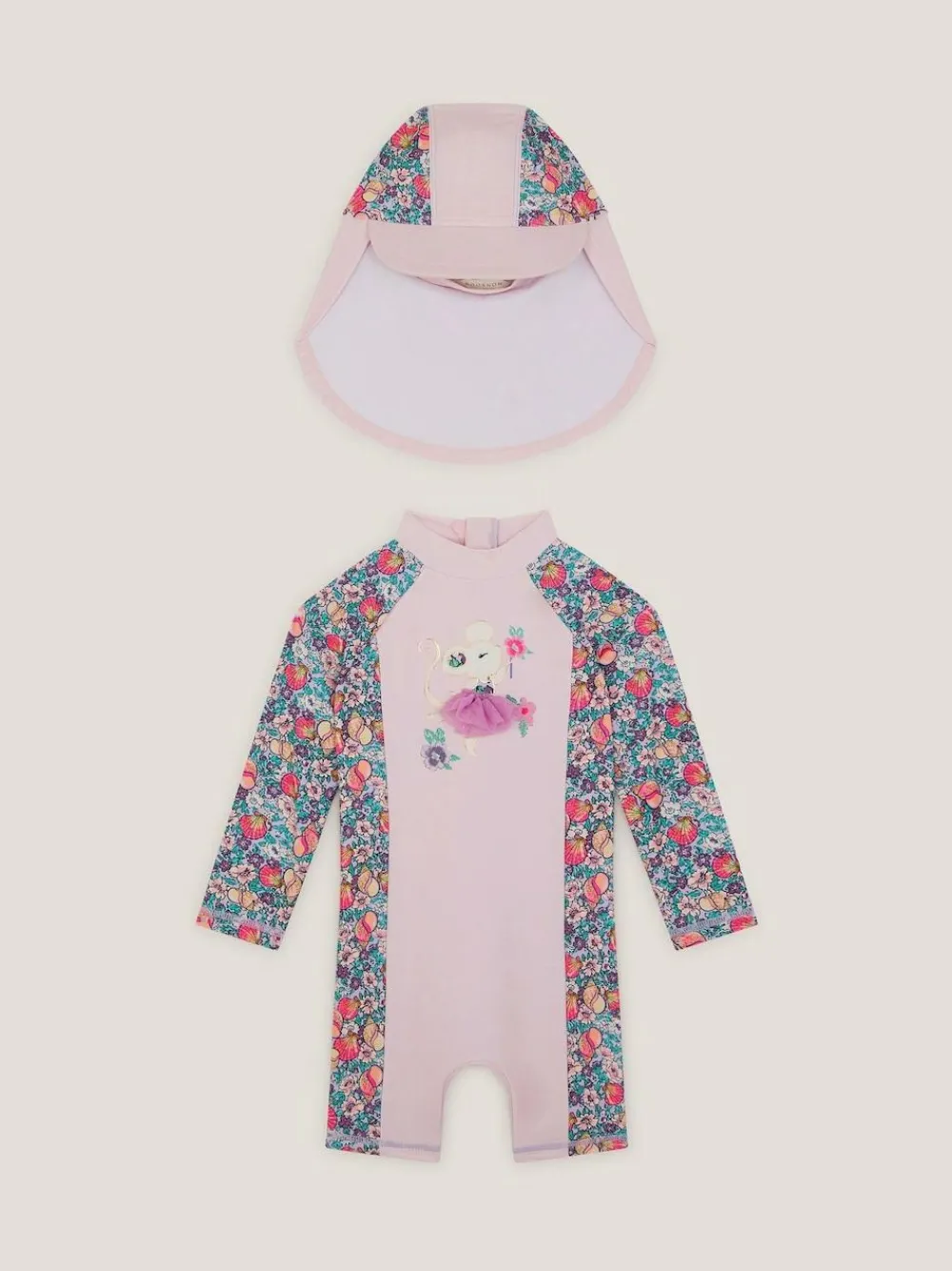 Monsoon Pink Shell Print UPF50+ Sunsafe Suit & Sun Hat Set^ Swimwear|Swimwear