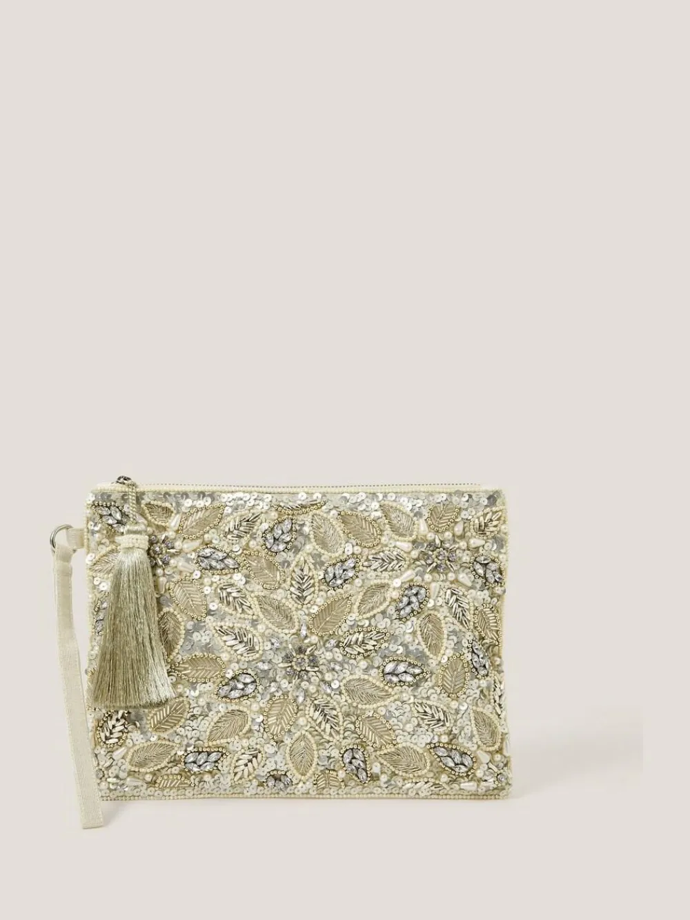 Monsoon Silver Febe Floral Embellished Tassel Pouch^Women Purses