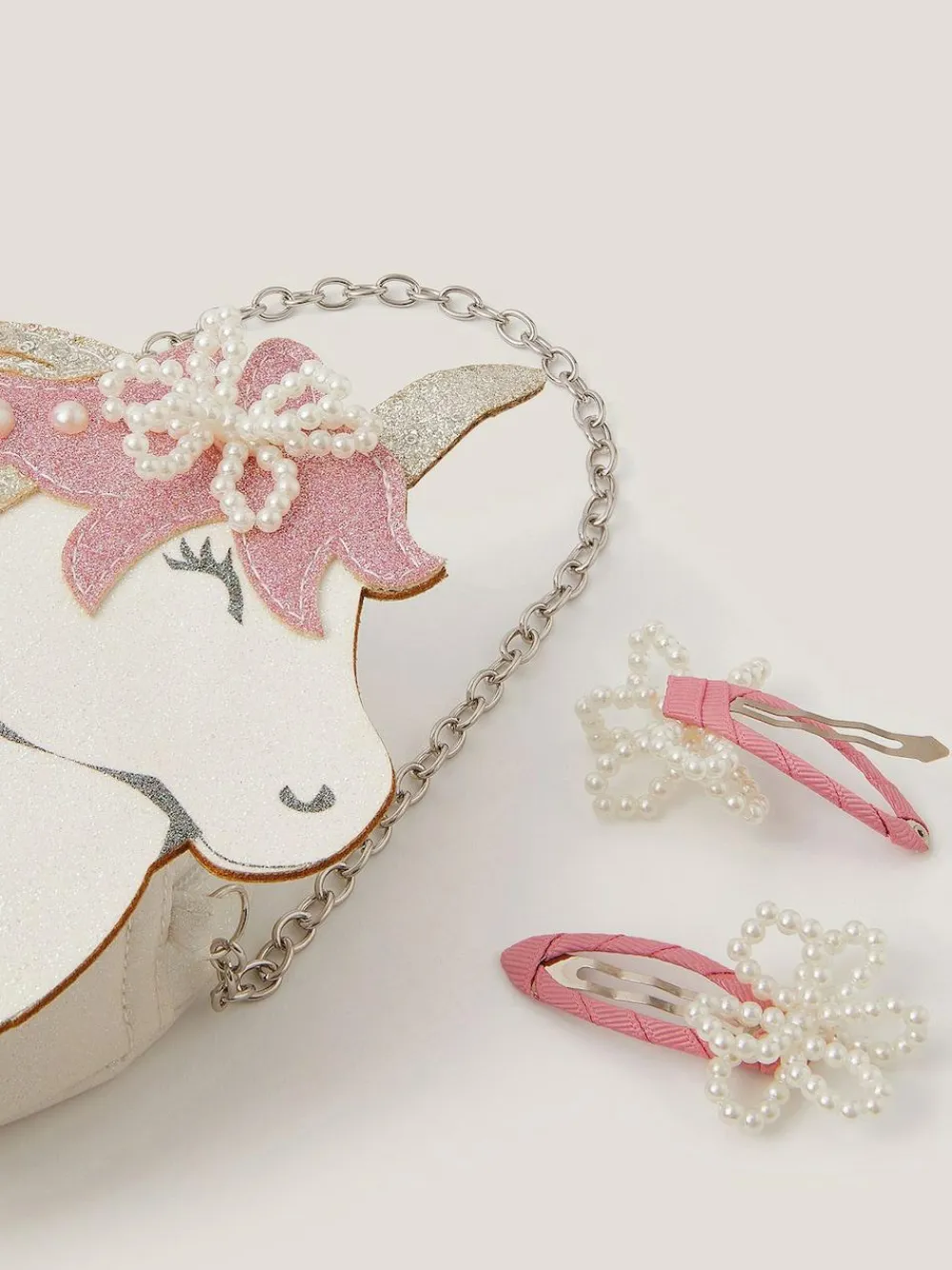 Monsoon White Glitter Unicorn Bag & Pearly Hair Clips Set^ Bags