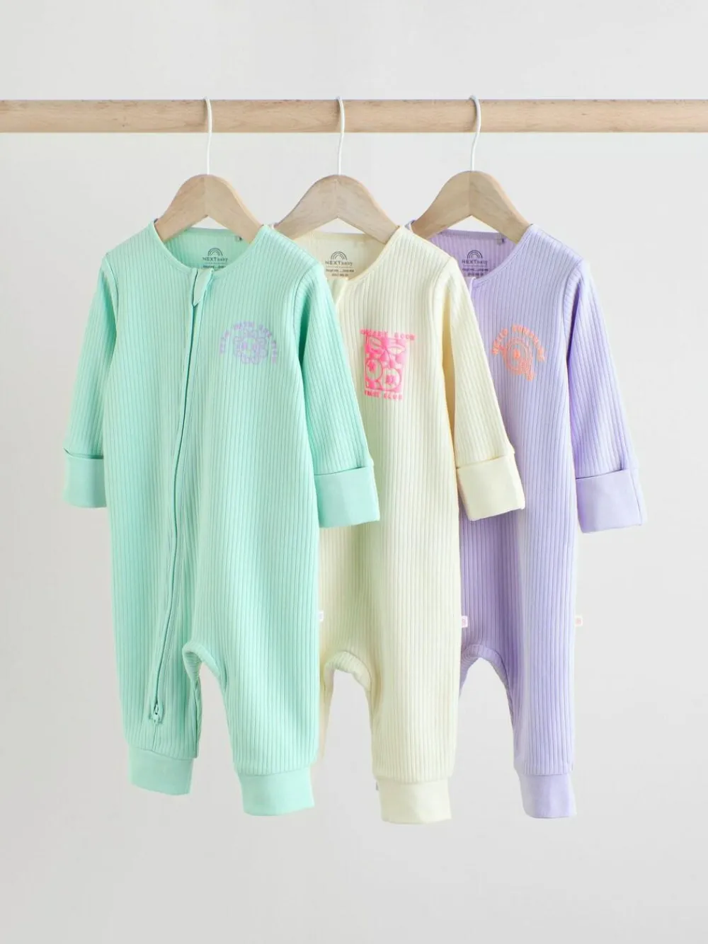Next Multi 3 Pack Two Way Zip Baby Sleepsuits (0mths-3yrs)^ Nightwear