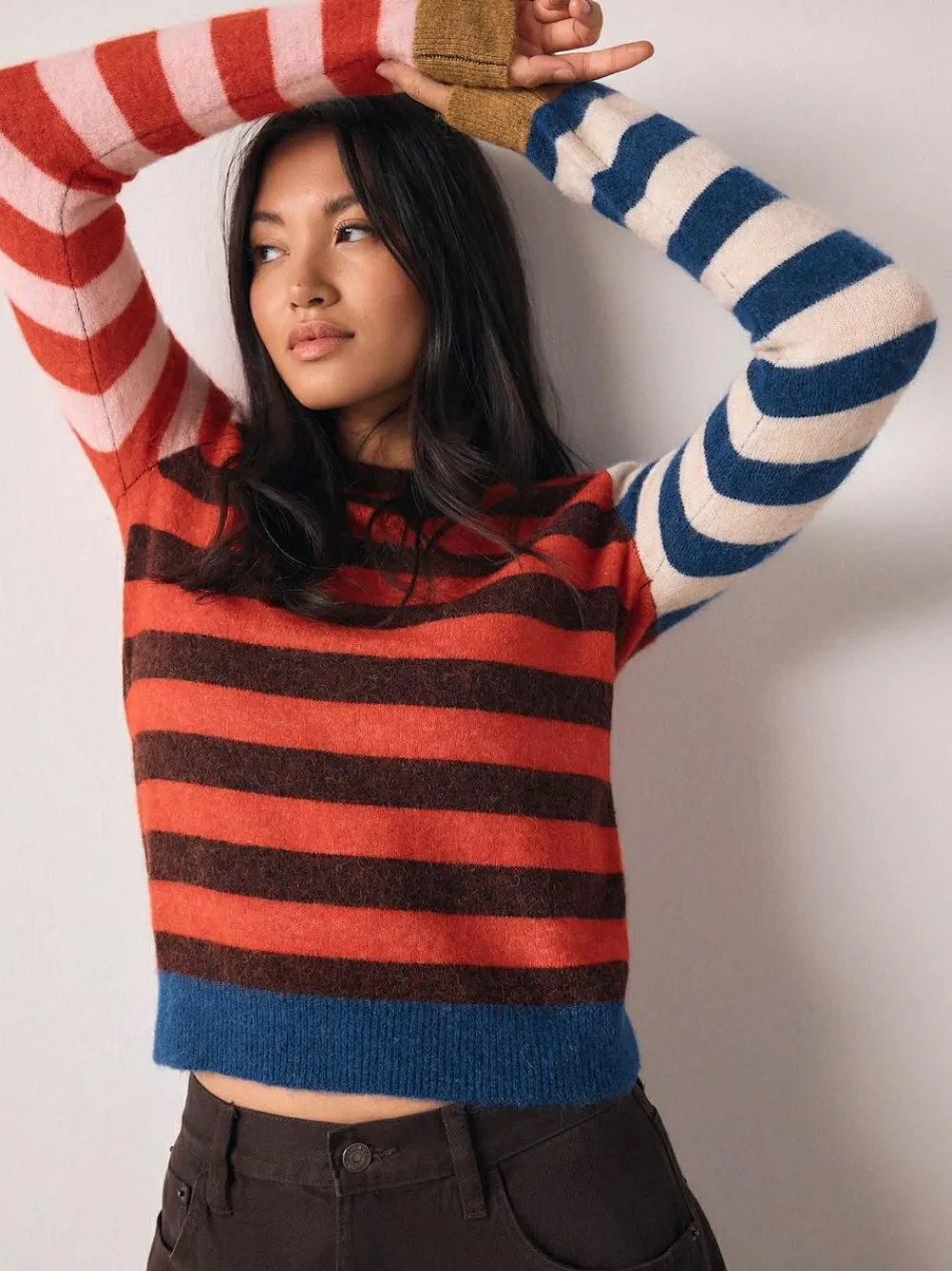Hot Next Multi Red/Blue Stripe Long Sleeve Crew Neck Jumper With Wool