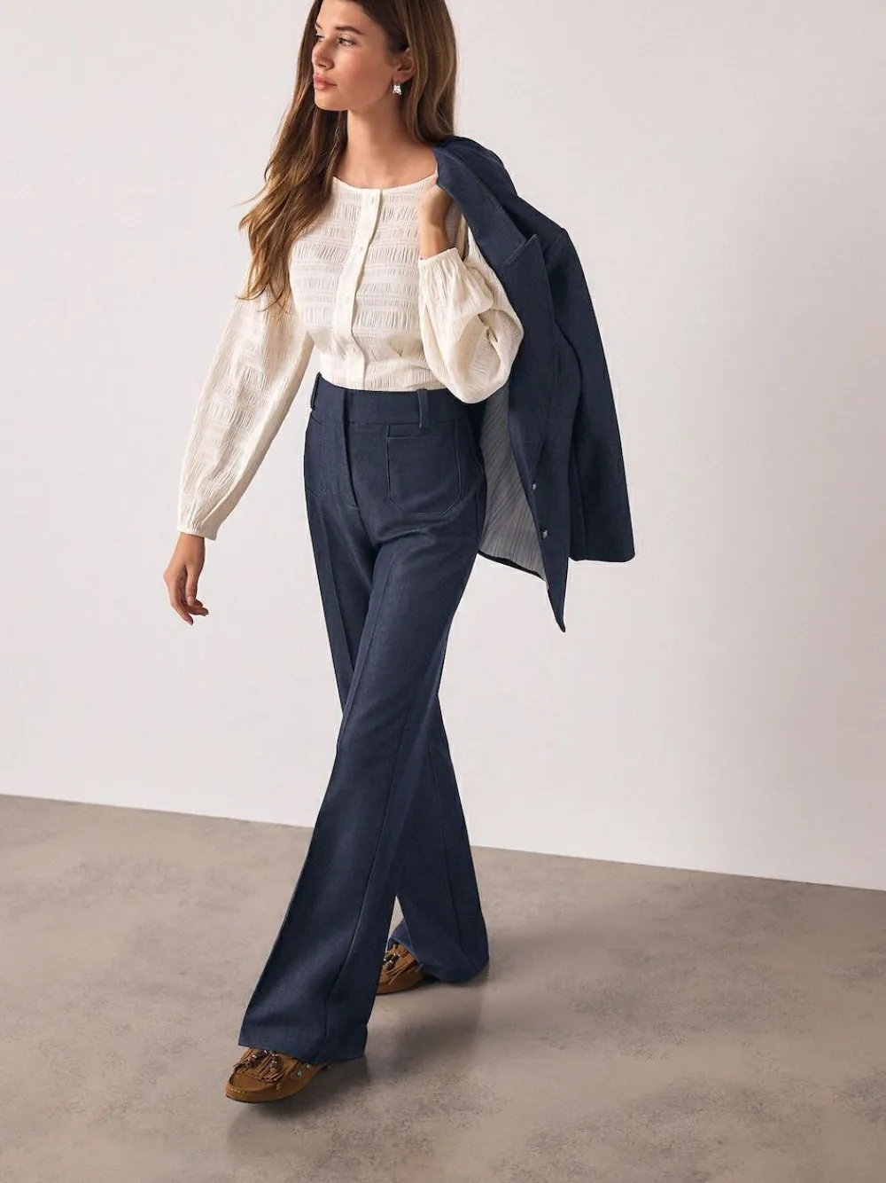 Hot Next Navy Blue Denim Look Slim Flare Trousers