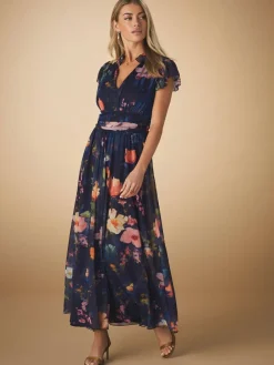 Next Pleated Mesh Print V-Neck Occasion Maxi Dress^Women Occasionwear|Occasion Dresses