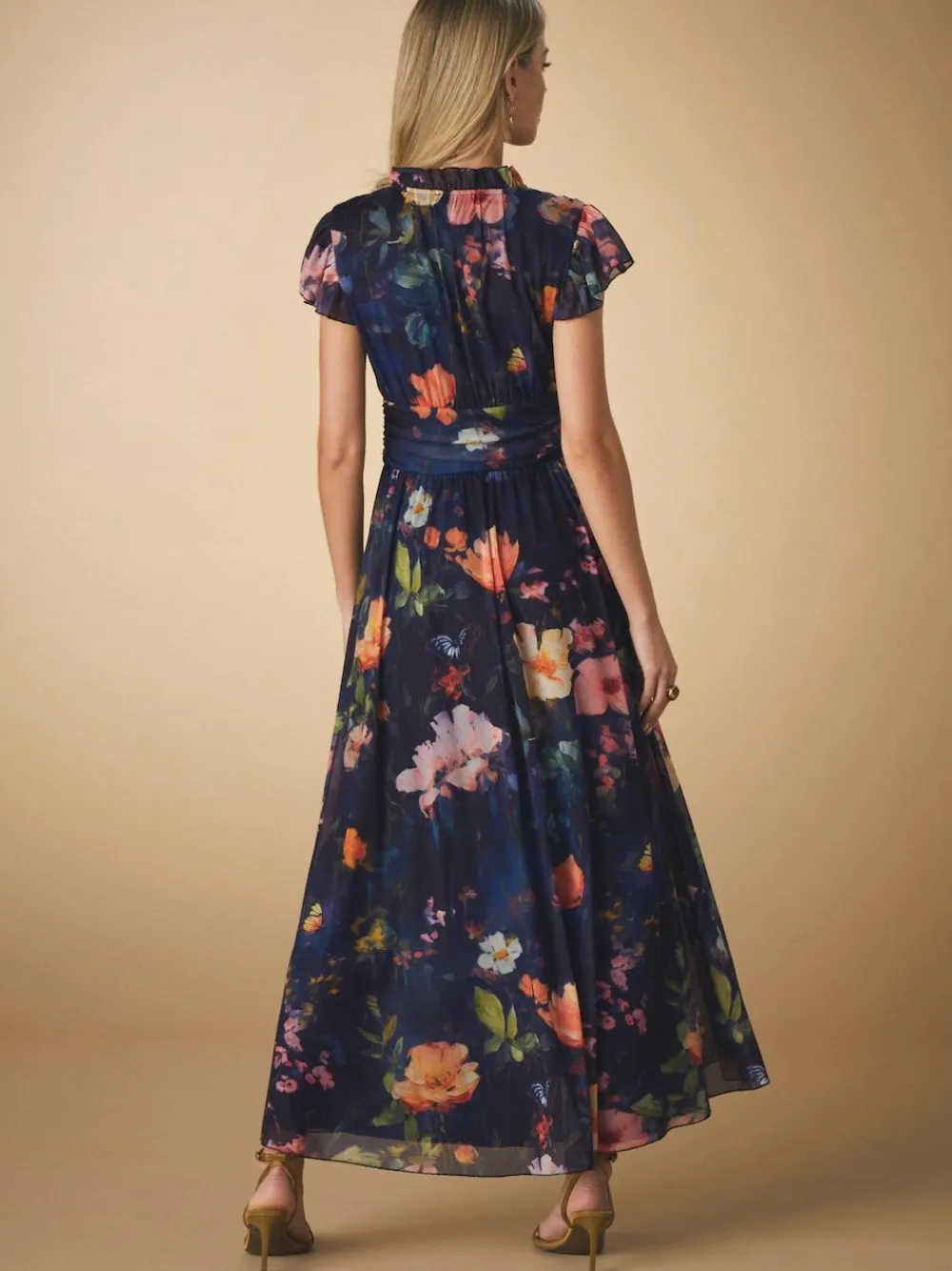Next Pleated Mesh Print V-Neck Occasion Maxi Dress^Women Occasionwear|Occasion Dresses