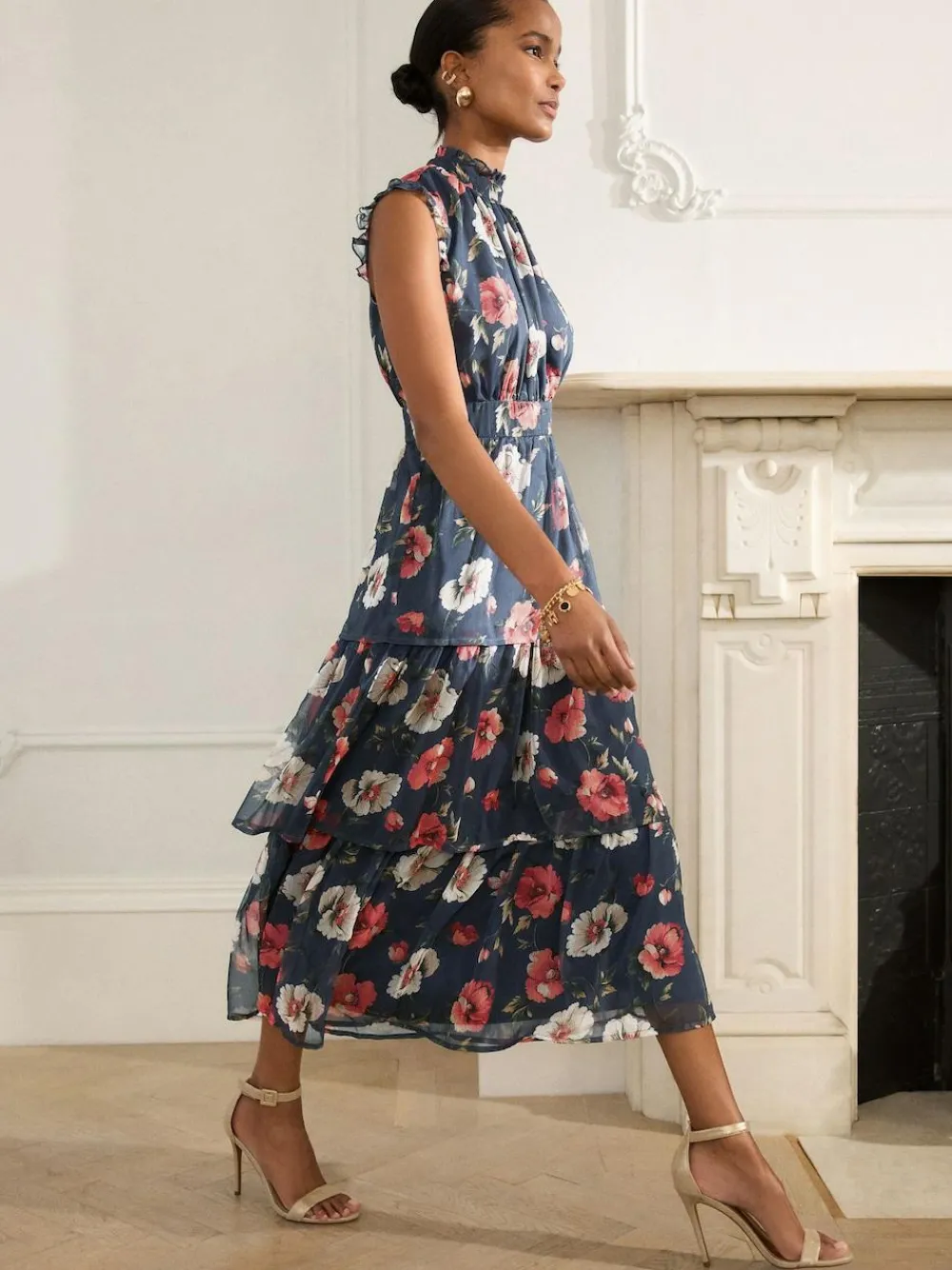 Discount Next Printed High Neck Tiered Occasion Maxi Dress Navy Blue Floral