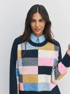 Next Navy Blue Multi Patched Crew Neck Knitted Jumper with Wool^Women Nightwear|Knitwear