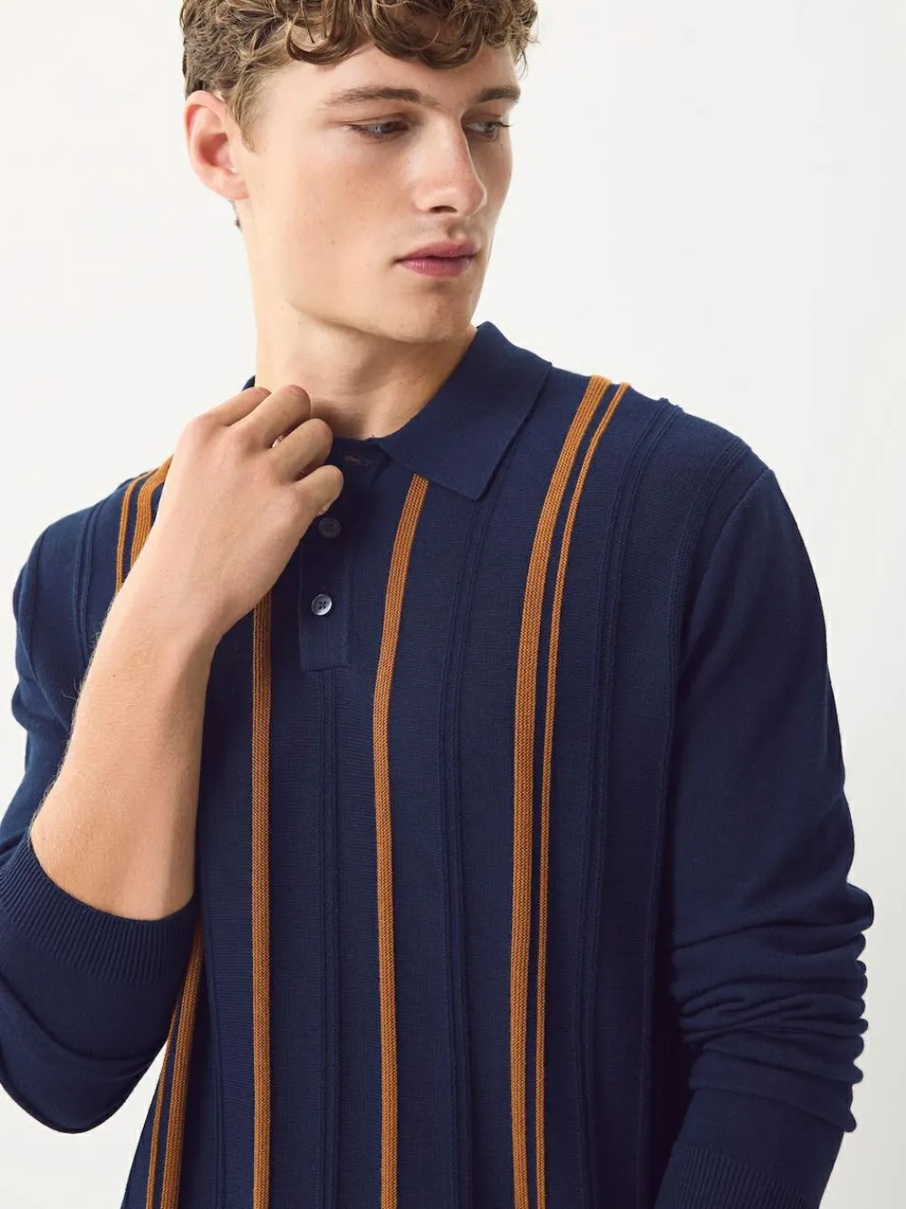 Next Regular Fit Cotton Rich Long Sleeve Stripe Knit Polo Shirt^ Knitwear|Knitwear