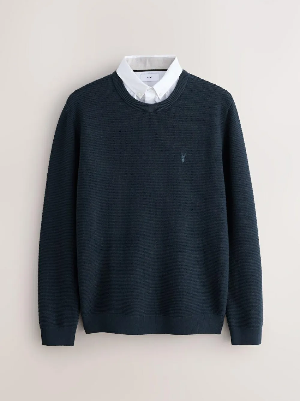 Hot Next Regular Fit Textured Oxford Mock Shirt Jumper Navy Blue
