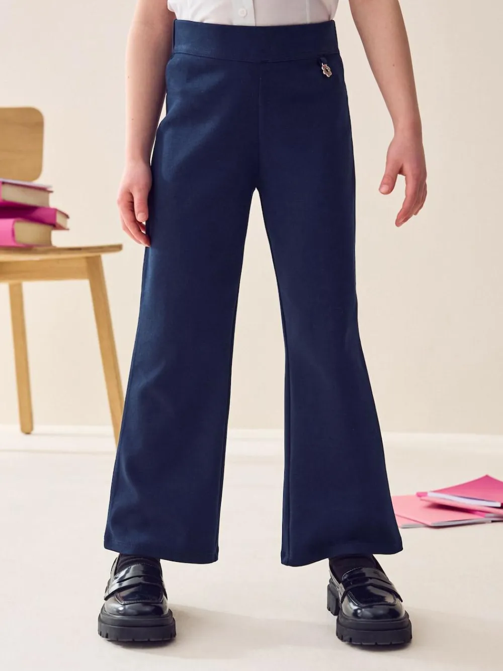 Discount Next Regular Length Pull-On Cotton Rich Stretch Boot Cut School Trousers (3-16yrs) Navy Blue