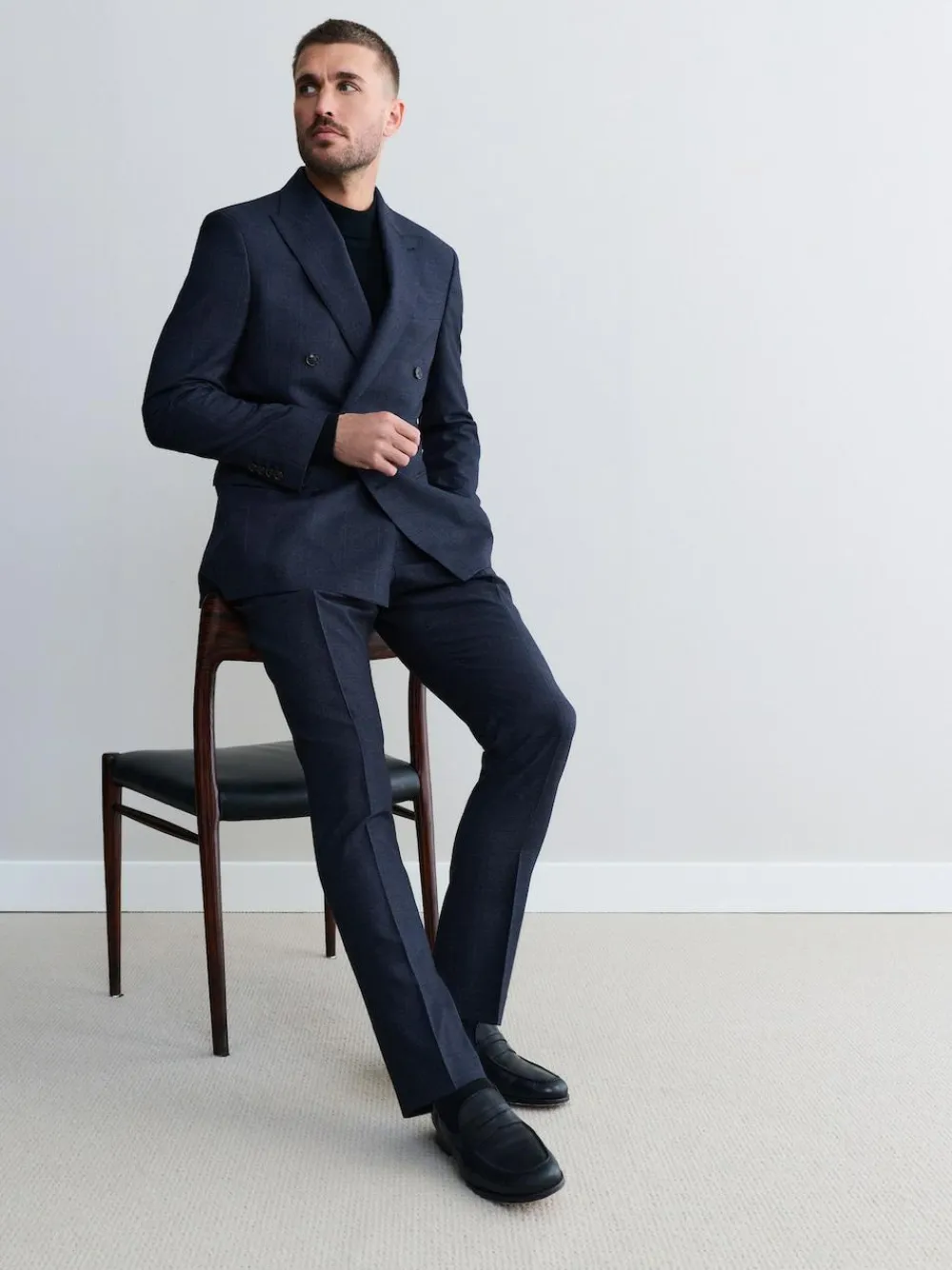 New Next Navy Blue Signature Marzotto 100% Italian Wool Double Breasted Check Suit Jacket