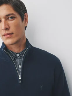 Online Next Stag Logo N.Premium Regular Fit 100% Cotton Premium Quarter Zip Jumper Navy Blue