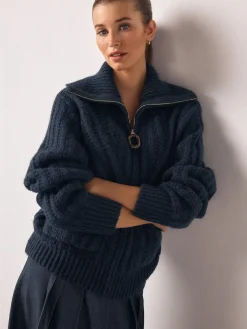 Clearance Next Navy Blue Stitchy Knitted Zip Up Collar Cardigan