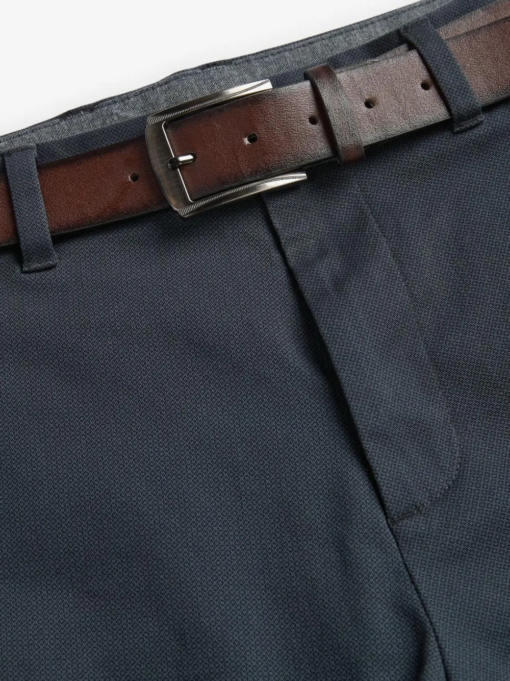 New Next Straight Fit Printed Belted Soft Touch Chino Trousers Navy Blue