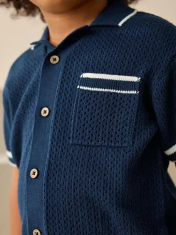 Sale Next Textured Revere Collar Knitted Polo Shirt and Shorts Set (3mths-10yrs) Navy Blue