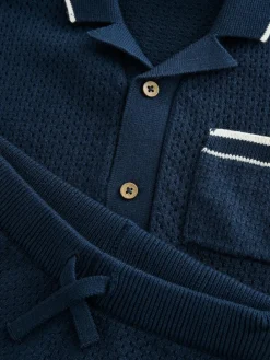 Sale Next Textured Revere Collar Knitted Polo Shirt and Shorts Set (3mths-10yrs) Navy Blue