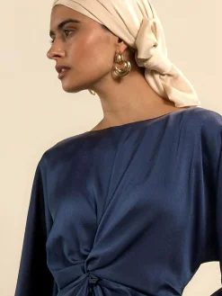 Best Next Twist Front Long Sleeve Satin Maxi Dress Navy Blue